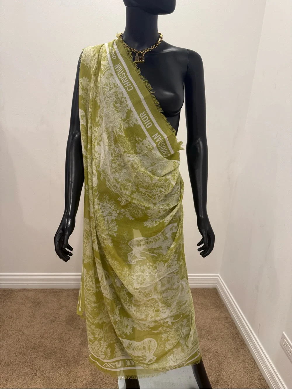 Dior Dioriviera Toile de Jouy Green Cotton Pareo Shawl Scarf 53”x53” NEW